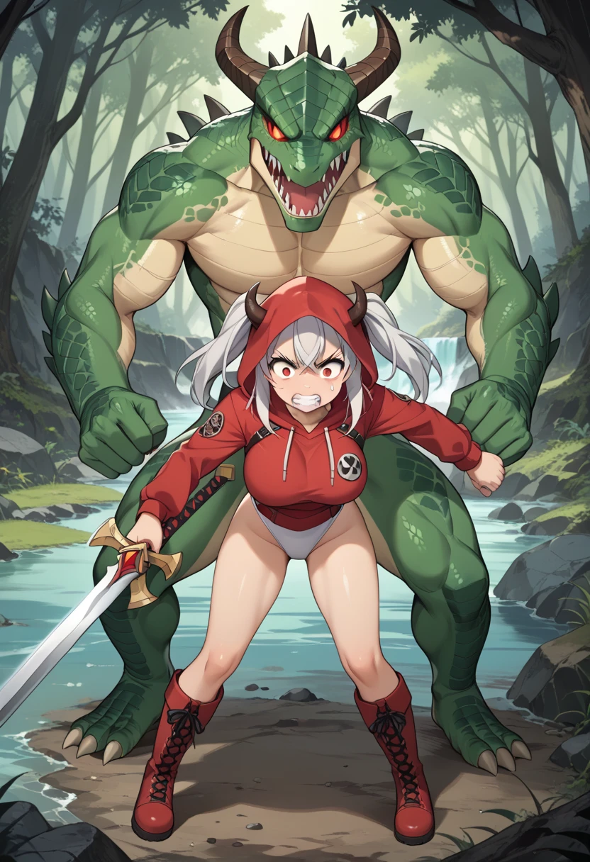 ( score_9,  score_8_up,  score_7_up,  score_6_up,  score_5_up,  score_4_up), masterpiece,  best quality, ( super detailed), cute, Cute,  ideal proportions ,
 destroy
A small and young girl is attracted by the powerful lizard human.
breaking
Dim cave , river, forest, tree,
 destroy 1 girl ,Alone,  devil woman 、 Ram&#39;s horn、 Brown Skin、Droopy eyes、  Silver Hair、  twin tails、Double teeth、Big Breasts、Thick Ass、 is short、  white leotards  、  red hoodie covering shoulders and arms 、 Big Boots 、Big Axe、fight、painful, pain,  scary expression, clenched teeth
壊す
1 lizardman,  monster, Strong body, Big body,  huge curved sword , Green Scales,
(少女とfight), destroy another world 、  medieval European atmosphere  、