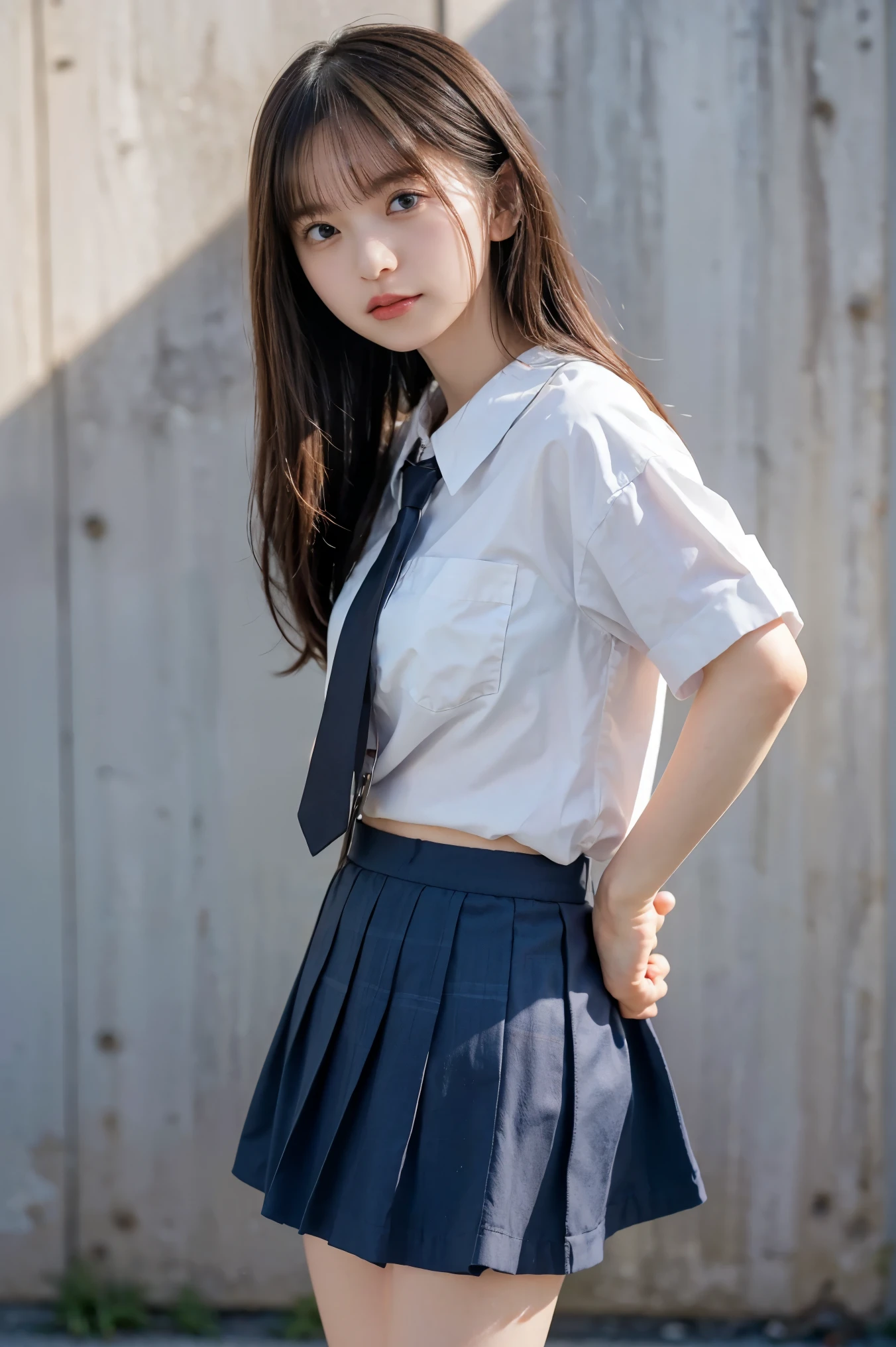 1 person、(8k、  RAW photo、最 High Quality 、  High Quality 、 masterpiece:1.2)、( Genuine、 Genuine)、1 person、  Dark Brown Hair Medium Hair 、 bust up、(( White Collar Y Shirt  、tie、  Blue Check Mini Short Skirt:1.2)) shiny skin、Thin legs、( roomy socks 、 Wearing loose socks:1,2)、  sneakers、 Front View、Schoolyard、(  Stand with Your Hands on Your Hips  ,  standing:1,2))、 cute、Show me your whole body、Midsummer、Sun Sun  、 shining sunlight 、日本の High School Girls 、 High School Girls 、