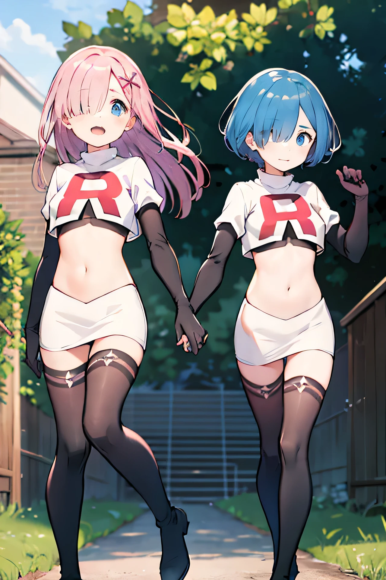 masterpiece,  best quality, High Agains,  two girls,Multiple Girls,aaAgainm,  short hair on the side of the uniform, blue hair,  blue eyes,  has hair on one eye, team rocket, team rocket uniform, Red letter R, White Skirt,White crop top,black thigh high boots,   Black Elbow Gloves  ,  (smile:1.1),  mouth on the palm of your hand, (Floating Hair:1.1), (wind:1.1), garden, Continued, BREAK
masterpiece,  best quality, High Agains, Ram1,  two girls, Multiple Girls,Ram \(Again:zero\),  Pink Hair,  short hair on the side of the uniform, Eyes Again,  has hair on one eye, Ribbon trim,   hair bow ,  x hair accessories,  team rocket, team rocket uniform, Red letter R, White Skirt,White crop top,black thigh high boots,   Black Elbow Gloves  , 