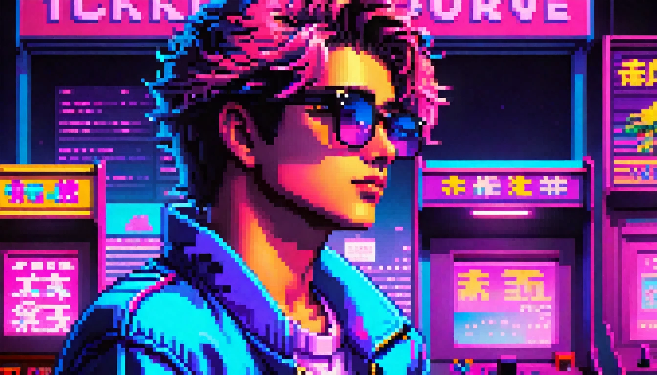 arcade, boy, vaporwave boy, neon, tokyo, synthwave, night,  retrowave, retro, dark glasses, cigarrete. videogame, ´80 boy