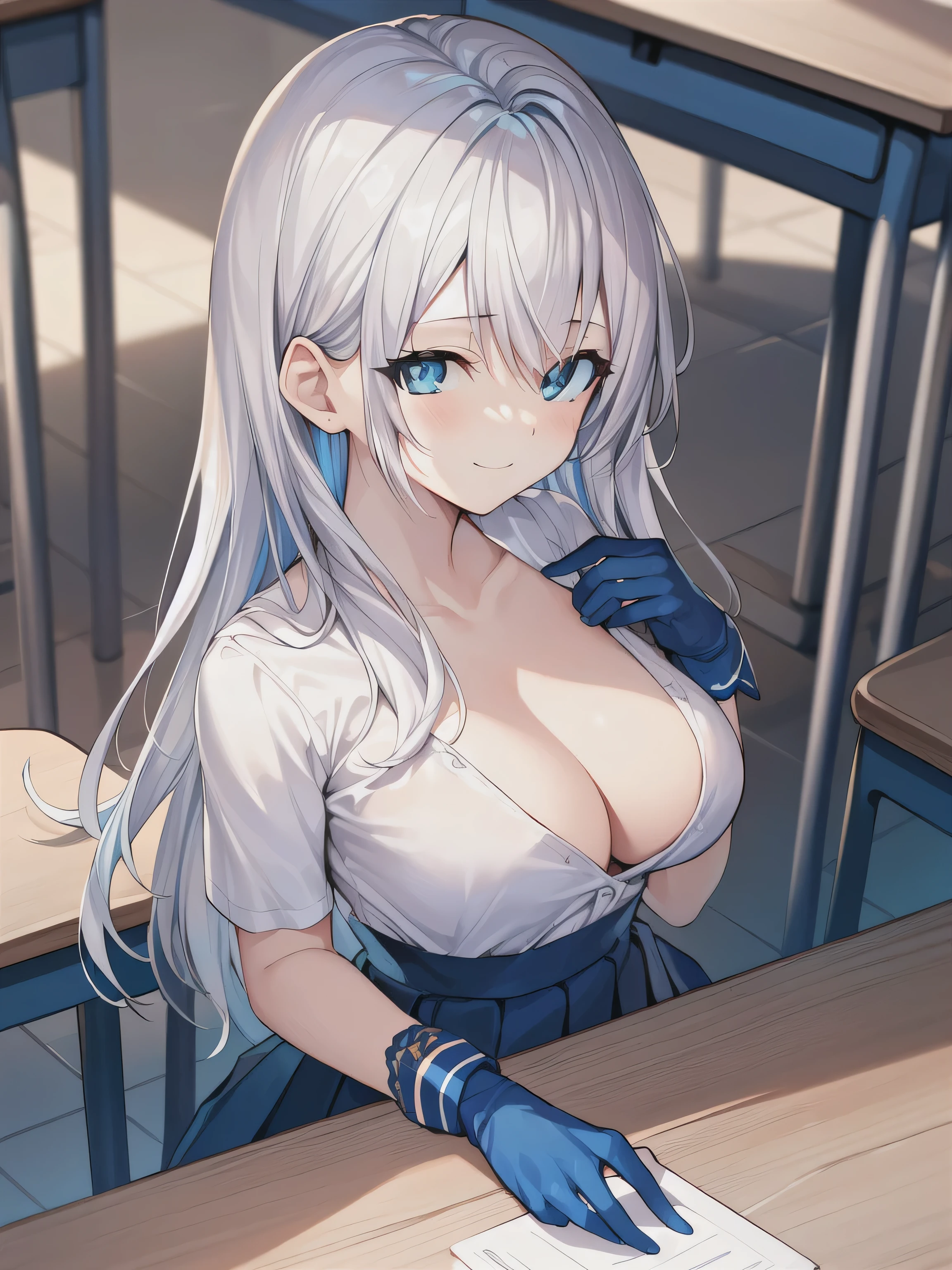  a girl ，Long hair,  bangs, White hair,  hair between eyes , ( blue eyes :1.5),  (Big :1.2), 
rest  锁骨,  White Shirt , Pleated Skirt, mini skirt,Black gloves， bracelet,  red dress ,Lysis，nipple，Protrusion of the nipple，
rest looking at viewer, whole body,Smile，
rest indoors, classroom,
rest (masterpiece:1.2),  Quality Best ,  High Resolution ,  unity 8k wallpaper , (illustration:0.8), (  Beautiful Delicate Eyes  :1.6),  Very Detailed Faces , Perfect Light,  Extremely Detailed CG, (Perfect hands,  Perfect Anatomy),