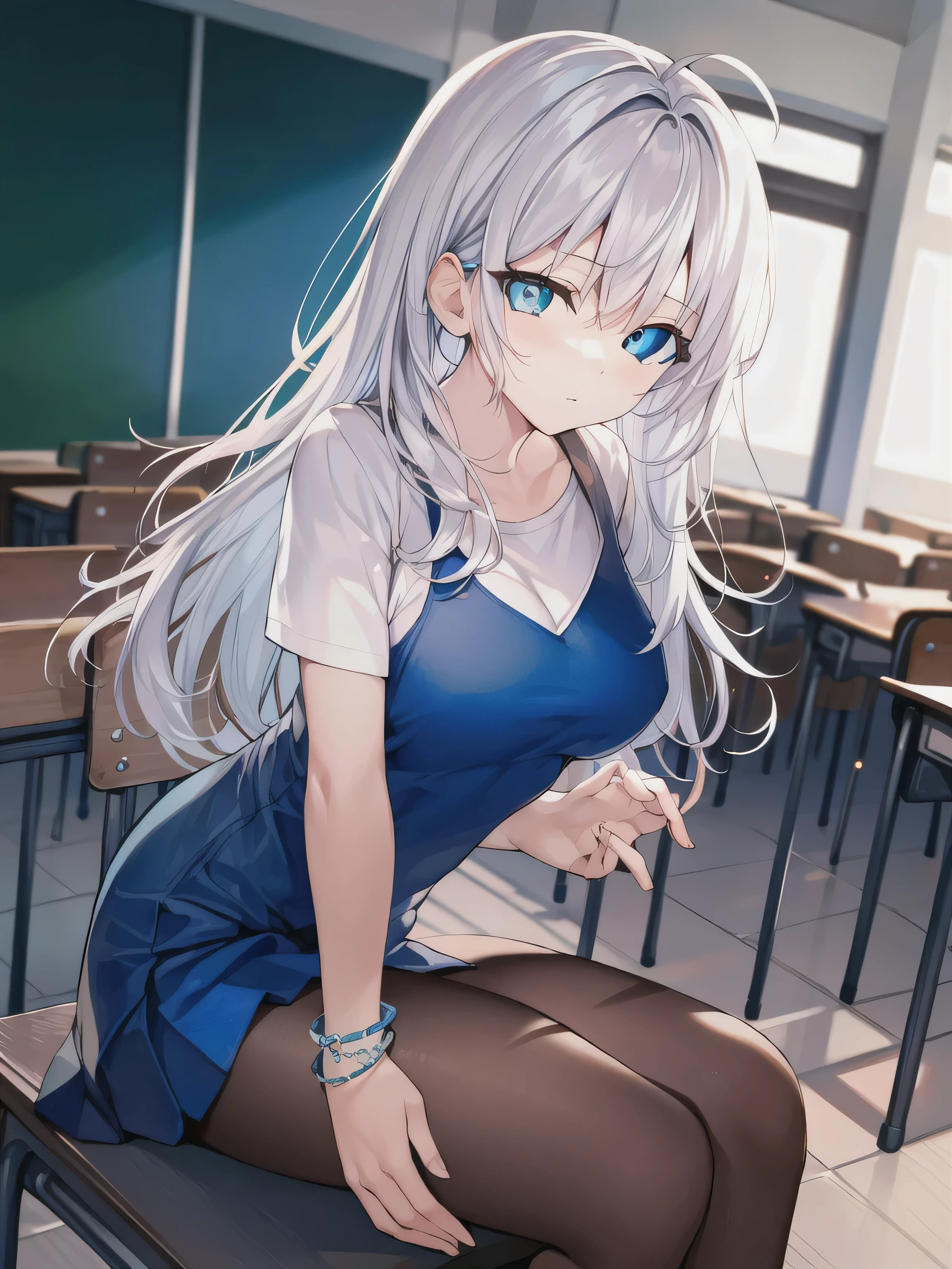  a girl ，Long hair,  bangs, White hair,  hair between eyes , ( blue eyes :1.5),  (Big :1.2), 
rest  锁骨,  White Shirt , Pleated Skirt, mini skirt, bracelet,  red dress ,Lysis，nipple，Protrusion of the nipple，
rest looking at viewer, whole body,
rest indoors, classroom,
rest (masterpiece:1.2),  Quality Best ,  High Resolution ,  unity 8k wallpaper , (illustration:0.8), (  Beautiful Delicate Eyes  :1.6),  Very Detailed Faces , Perfect Light,  Extremely Detailed CG, (Perfect hands,  perfect anatomy ),