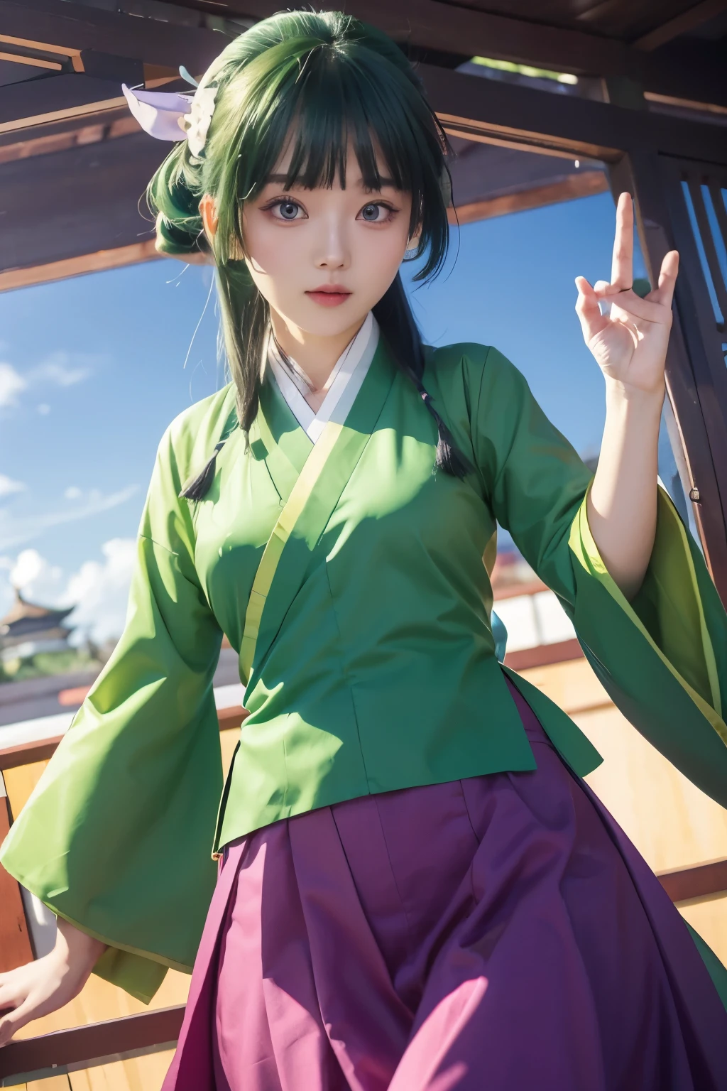 masuter piece, Best Quality, 超A high resolution, top-quality, Anime style, 1girll, Maomao, Chinese style kimono, Green outerwear, Purple long skirt, Blue eyes, Green hair