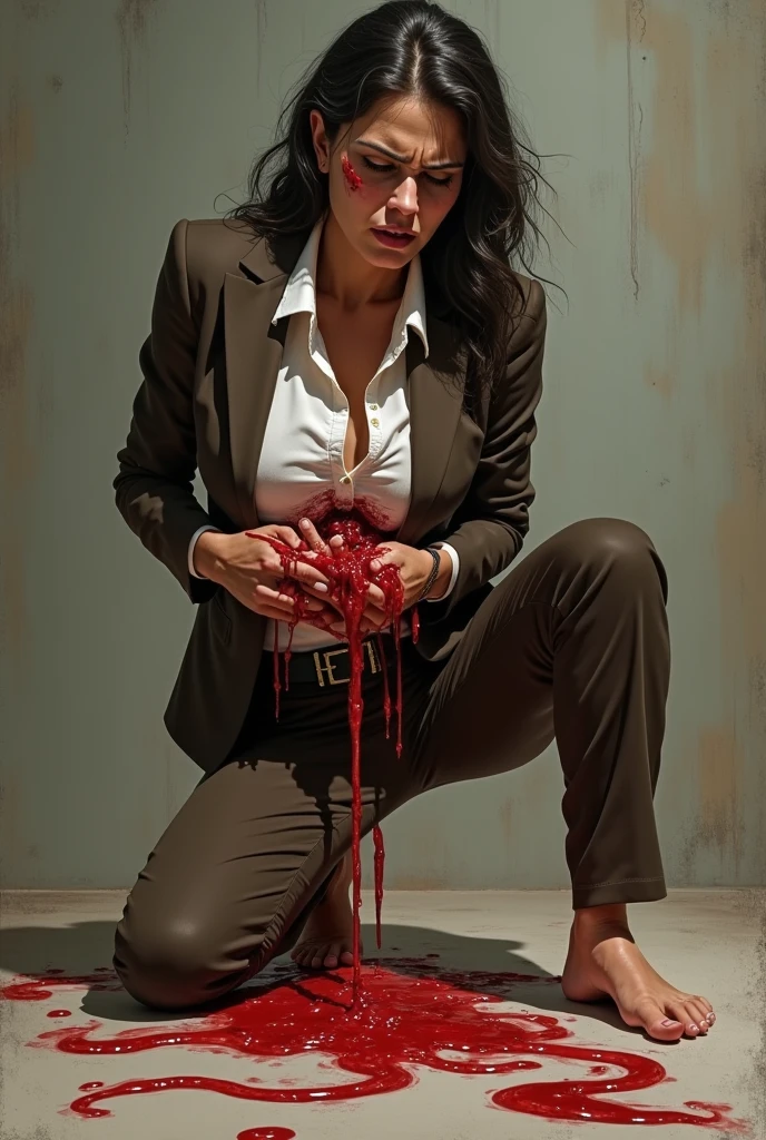 ((Highest quality)), ((masterpiece)), (detailed), Smiling femdom queen stands over a boy's face as he lies on the floor, Latex Bondage Suit, Actual photo, humanoid,Fishnet tights, Stiletto heels, Blood, Goa, 8k, Crushed (((Broken ribs))) foot, gruesome ヒール penetrant flesh
