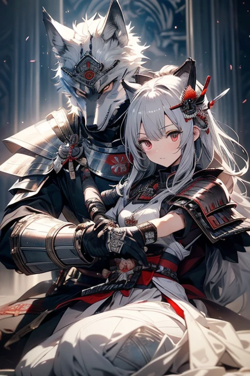 A girl and a boy back-to-back,girl braid,ahoge,long hair,flower, hair ornament, cherry blossoms, hair flower，white fur, petals, twin braids, smile, purple eye,gloves, breasts,large breasts,elbow gloves,white gloves, bangs, bare shoulders,leotard,1boy long hair,white hair,sword,holding sword, animal ears,katana,
