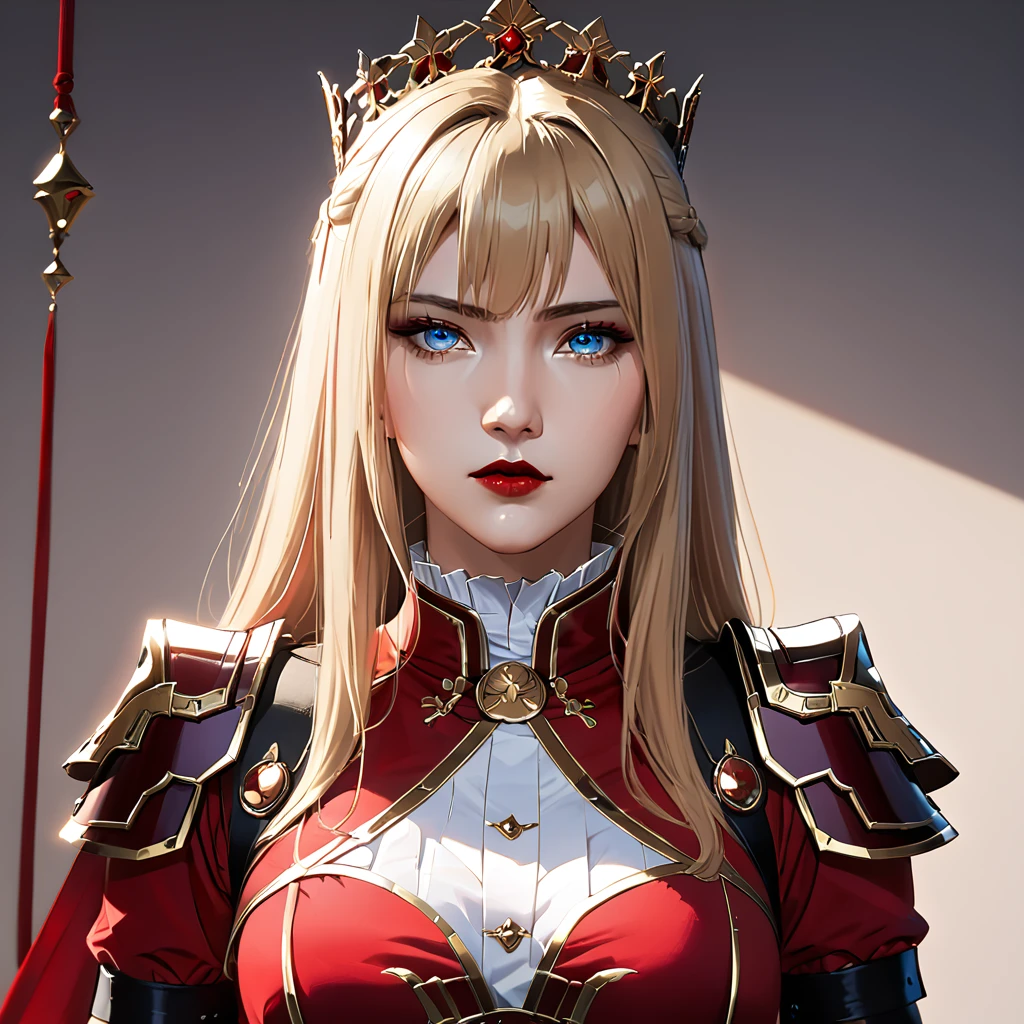 girl, long hair, blonde hair, blue eyes, dark red lips, extremaly detailed eyes, simple background, perfect hands, masterpiece, perfect lighting, neutral face, empress red clothes, upperbody, anime, ratatatat74
