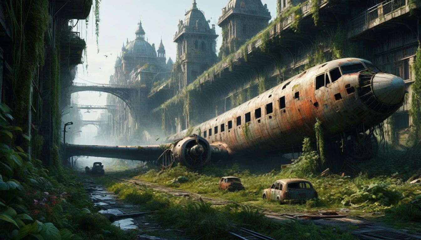 "Create a 3D animation of an abandoned metropolis (2022) in the style of Jakub Rozalski
* rusty airplane, overgrown with moss, showing signs of decay
* Intricate details, including texturing and modeling, in ultra-high quality
* Render the scene in 8K resolution (7680 x 4320 pixels) with extreme attention to detail
The metropolis should be overgrown with lush greenery, with vines and flowers, bridges covering the buildings and streets. Rusty cars should be in various states of disrepair, with visible corrosion and oxidation. Include subtle lighting and atmospheric effects to create a sense of depth and immersion.
deliver detailed, seamless, and high-quality 3D animation that meets these specifications."