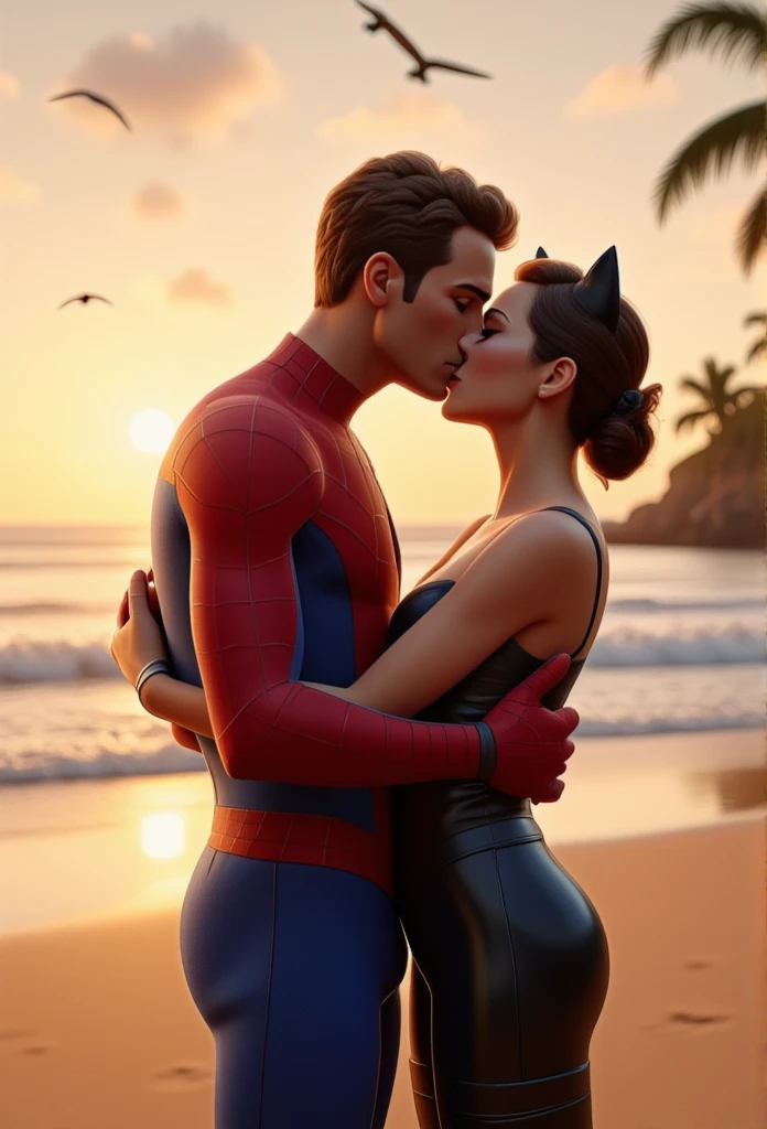 Spiderman and Catwoman kiss on beach