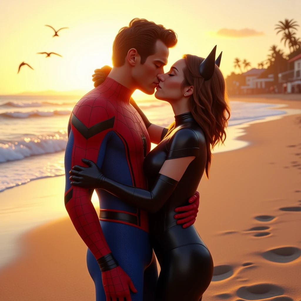 Spiderman and Catwoman kiss on beach