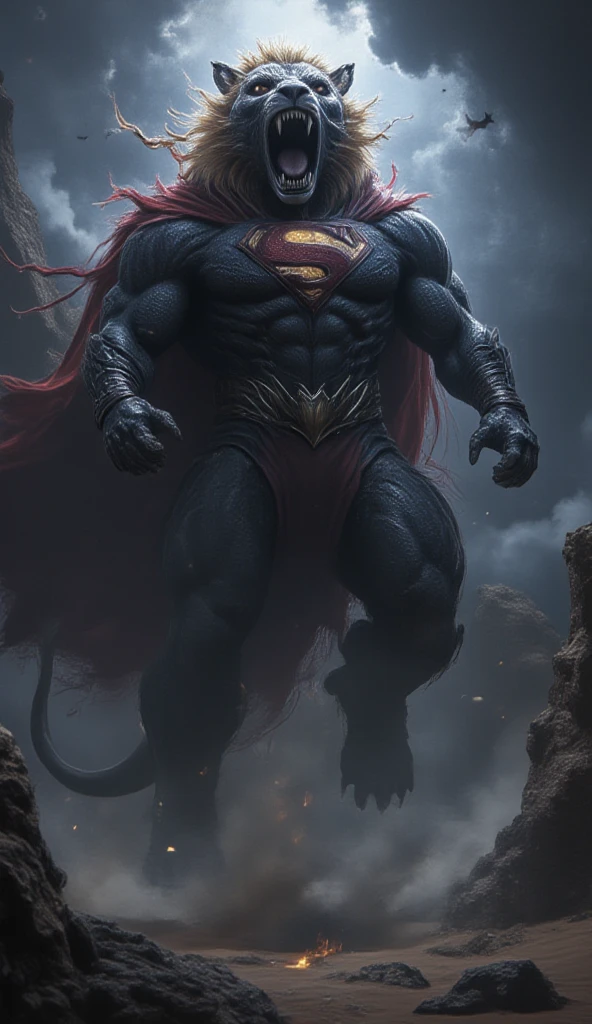 A colossal hybrid creature combining the strength of a bodybuilder with the heroic essence of Superman. Its muscular physique is clad in a sleek blue costume, complete with a glowing 'S' emblem on its chest. The creature's lion-like head, crowned with a wild, flowing mane, is tilted back as it roars ferociously, its expression filled with raw emotion and fury. Suspended mid-air in a commanding, upright position, it exudes an aura of unstoppable power and rage. A vibrant red cape flows ominously behind it, whipping in the wind. The scene unfolds under a dark, stormy night sky, with a faint, eerie glow from a partially obscured moon. The desert is shrouded in shadows, and swirling sand mingles with floating debris, amplifying the intensity and foreboding atmosphere of this epic moment.