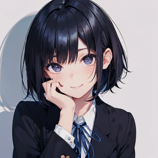 (( face up,  stares at the viewer , front)), Like a passport photo, Solo Shot, 1 Girl,  College Student , Modern Japanese, (smile:1.4), (( black hair:1.8)), (( shorthair:1.5)), Black Eyes, ((black blazer school uniform), ((blue school ribbon )), shy, Quiet, simple background in pastel colors, Humanities 