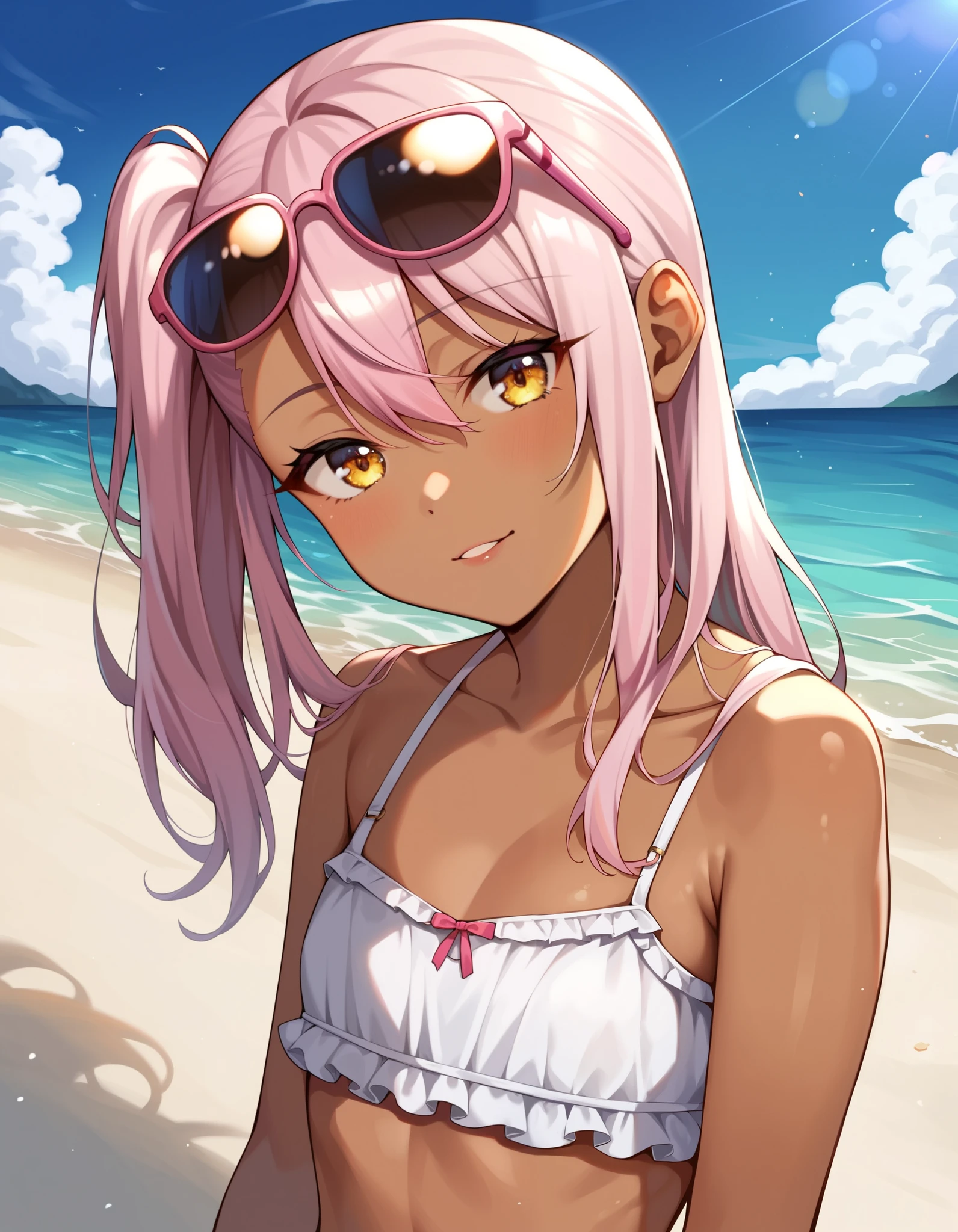 score_9, score_8_up, score_7_up, source_anime, Chloe_Von_Einzbern, 1girl, solo, yellow eyes, pink hair, long hair, hair between eyes, side ponytail, flat chest, dark-skinned female, upper body, looking at viewer, pink eyewear on head, beach, frilled bikini, navel, half closed eyes, head tilt, sunrays,