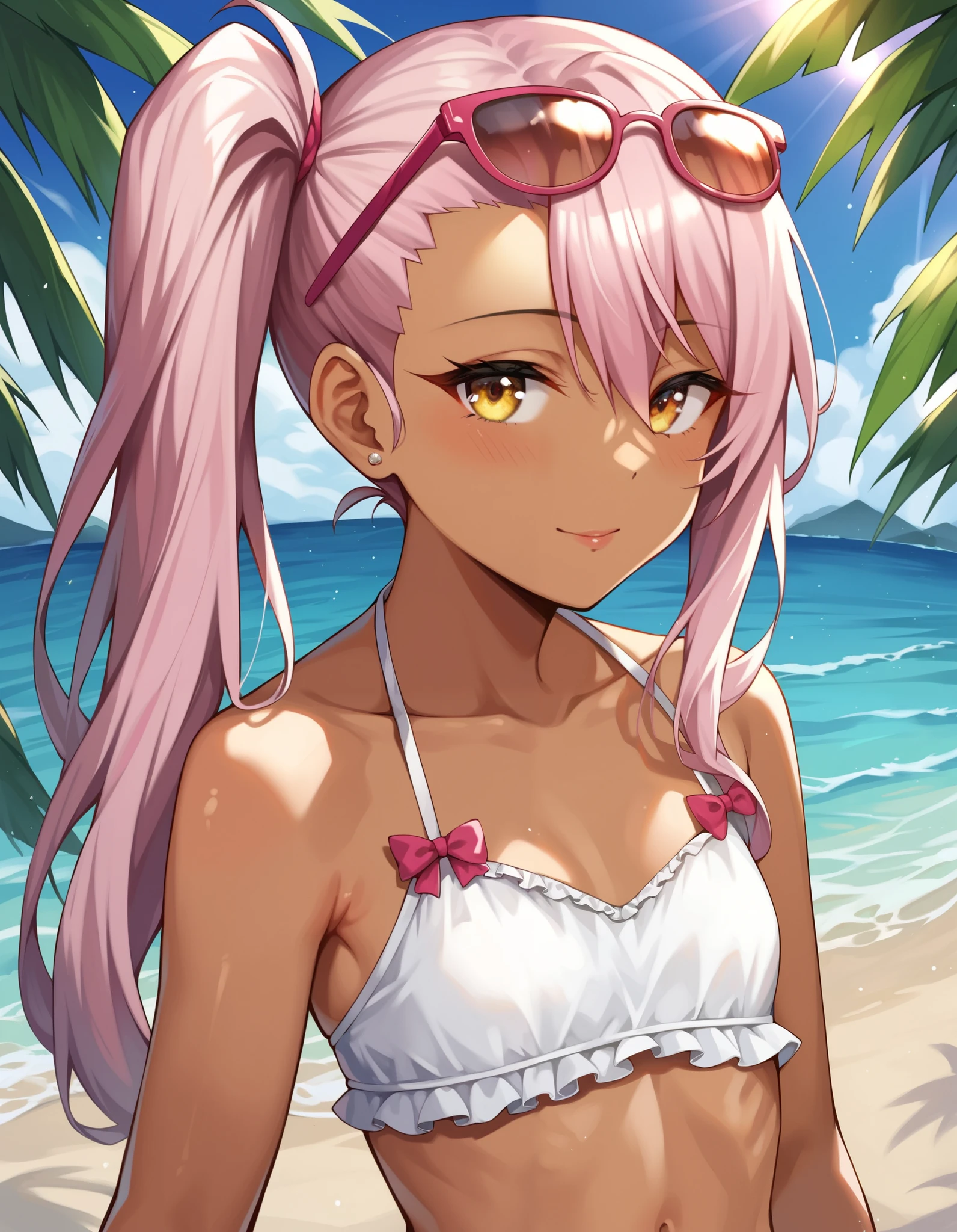 score_9, score_8_up, score_7_up, source_anime, Chloe_Von_Einzbern, 1girl, solo, yellow eyes, pink hair, long hair, hair between eyes, side ponytail, flat chest, dark-skinned female, upper body, looking at viewer, pink eyewear on head, beach, frilled bikini, navel, half closed eyes, head tilt, sunrays,