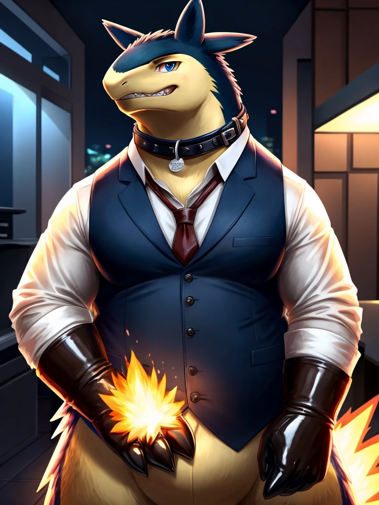 Solo, Male, fat, extremely obese, gentleman, dapper Professor Snake with fangs, mob boss, blue eyes, (posing:1.3), (soft shading), 4k, hi res, ((detailed face, detailed)), looking at viewer, mouth wide open, evil laugh, dapper clothing, collared shirt with buttons, bowler hat, male focus, Explorer Outfit, glasses, monocle, vest with buttons, sleeves rolled up, round eyewear, brown headwear, brown vest, office, Snake is wearing a glossy leather dog collar around the neck, Snake is wearing the leather collar and shirt and vest at the same time, Snake is wearing glossy white rubber gloves on the hands, wearing white rubber gloves on the feet, gloves are rubber in texture, clenching fists, leather collar is glossy and shiny with a lot of detail, Snake is wearing gloves and leather collar at the same time, leather collar has a round dog-tag, leather collar is thick and detailed, leather collar is glossy and shiny, fancy clothing, dapper vest, dapper shirt, leather collar is thick, glossy leather collar.