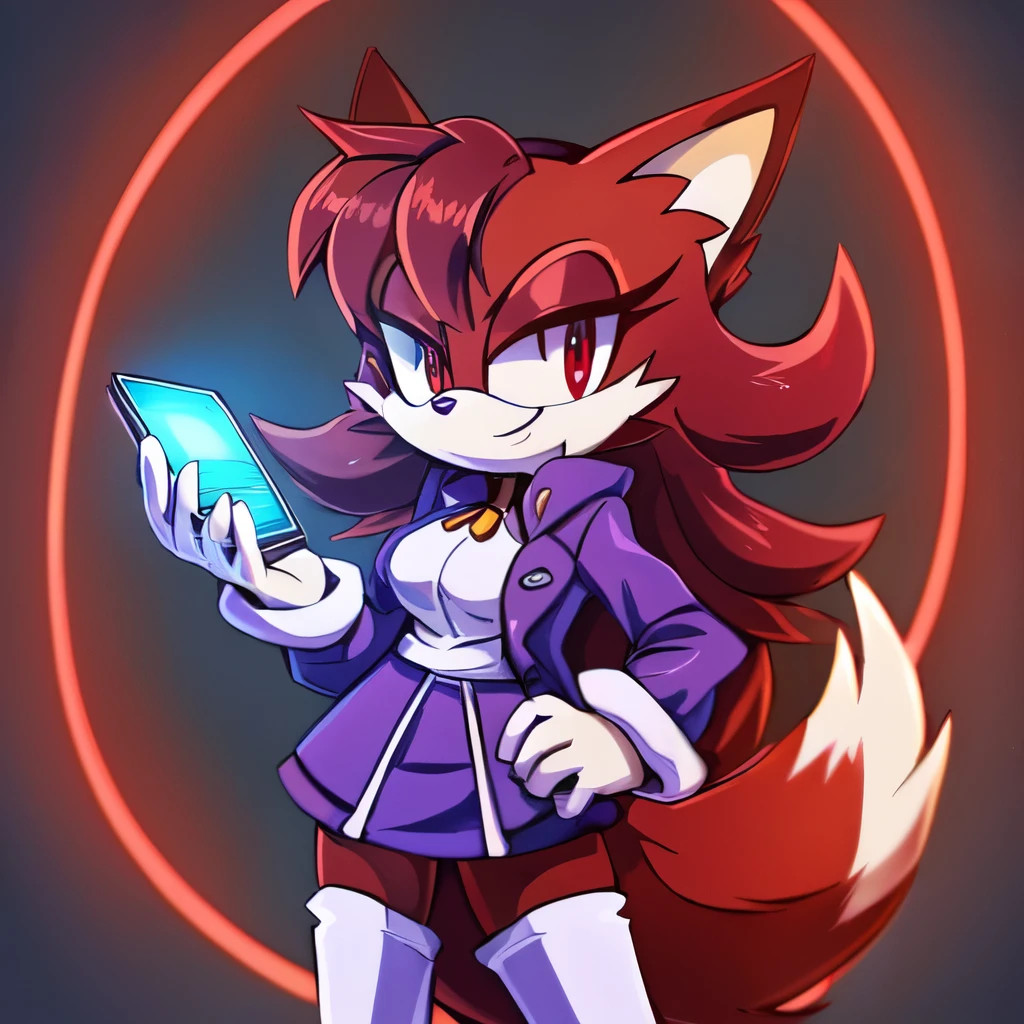 Female, Mobian, Fox, one hand on hip, (((2D Anime Style))), (solo), (1girl), high quality digital art, red and black neon lines sketch art, black cloudy background, a dark crimson furred female anthropomorphic Fox, has glowing red eyes, (((dark crimson fur))), standing up and holding a computer chip, smiling evilly, (((VERY long and wavy dark crimson hair))), (large and long hair bangs), wispy lines, (((Eggmaam outfit but with purple jacket instead of red jacket))), purple jacket, black skirt, thigh high boots, goggles, average sized breasts, (facing viewer)