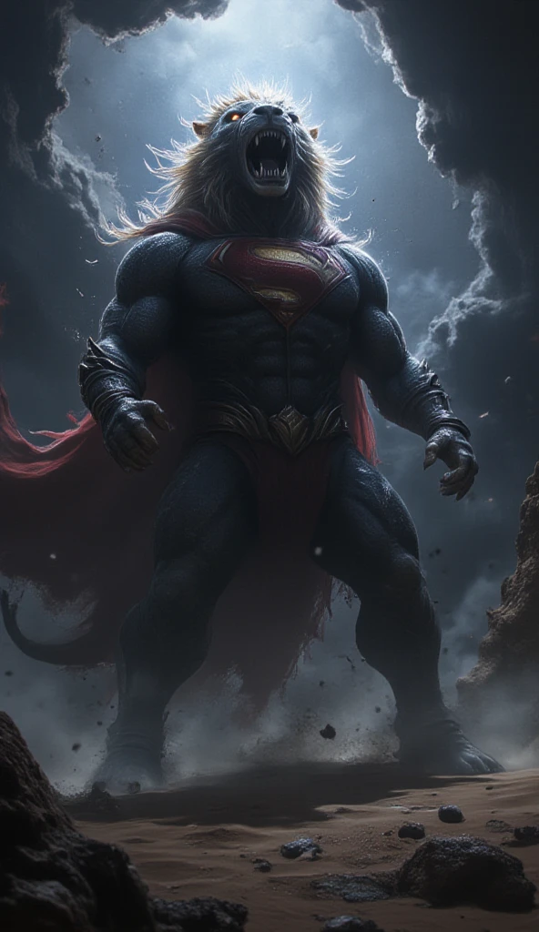 A colossal hybrid creature combining the strength of a bodybuilder with the heroic essence of Superman. Its muscular physique is clad in a sleek blue costume, complete with a glowing 'S' emblem on its chest. The creature's lion-like head, crowned with a wild, flowing mane, is tilted back as it roars ferociously, its expression filled with raw emotion and fury. The camera angle is slightly from the front and to the side, enhancing the imposing presence of the creature. Suspended mid-air in a commanding, upright position, it exudes an aura of unstoppable power and rage. A vibrant red cape flows ominously behind it, whipping in the wind. The scene unfolds under a dark, stormy night sky, with a faint, eerie glow from a partially obscured moon. The desert is shrouded in shadows, and swirling sand mingles with floating debris, amplifying the intensity and foreboding atmosphere of this epic moment.