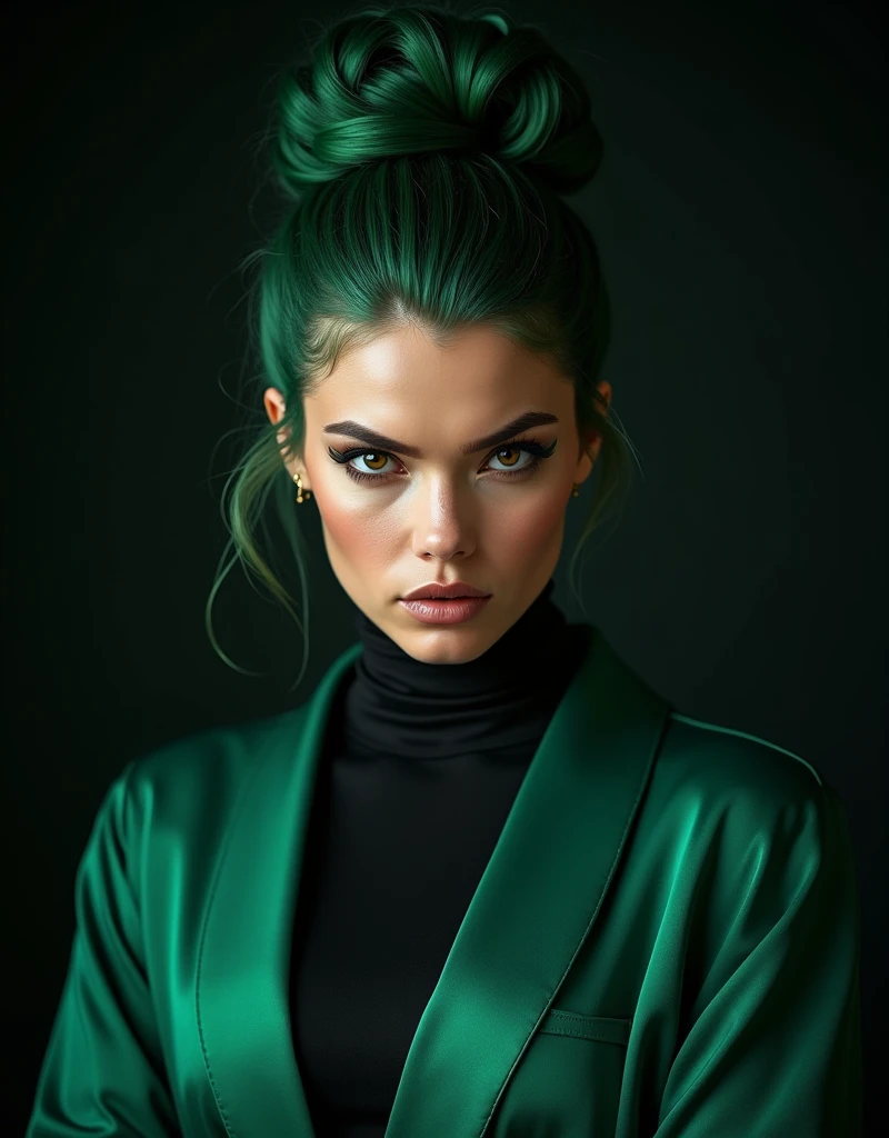 ultra realistic, masterpiece, adult girl, portrait, athletic body, mysterious, intense black eyes, Deep vision correction, eyebrow gloss, lip gloss, Narrow nose, Rich green hair, Heart shaped bun, perfect hair, Intricate emerald robe, Black outfits