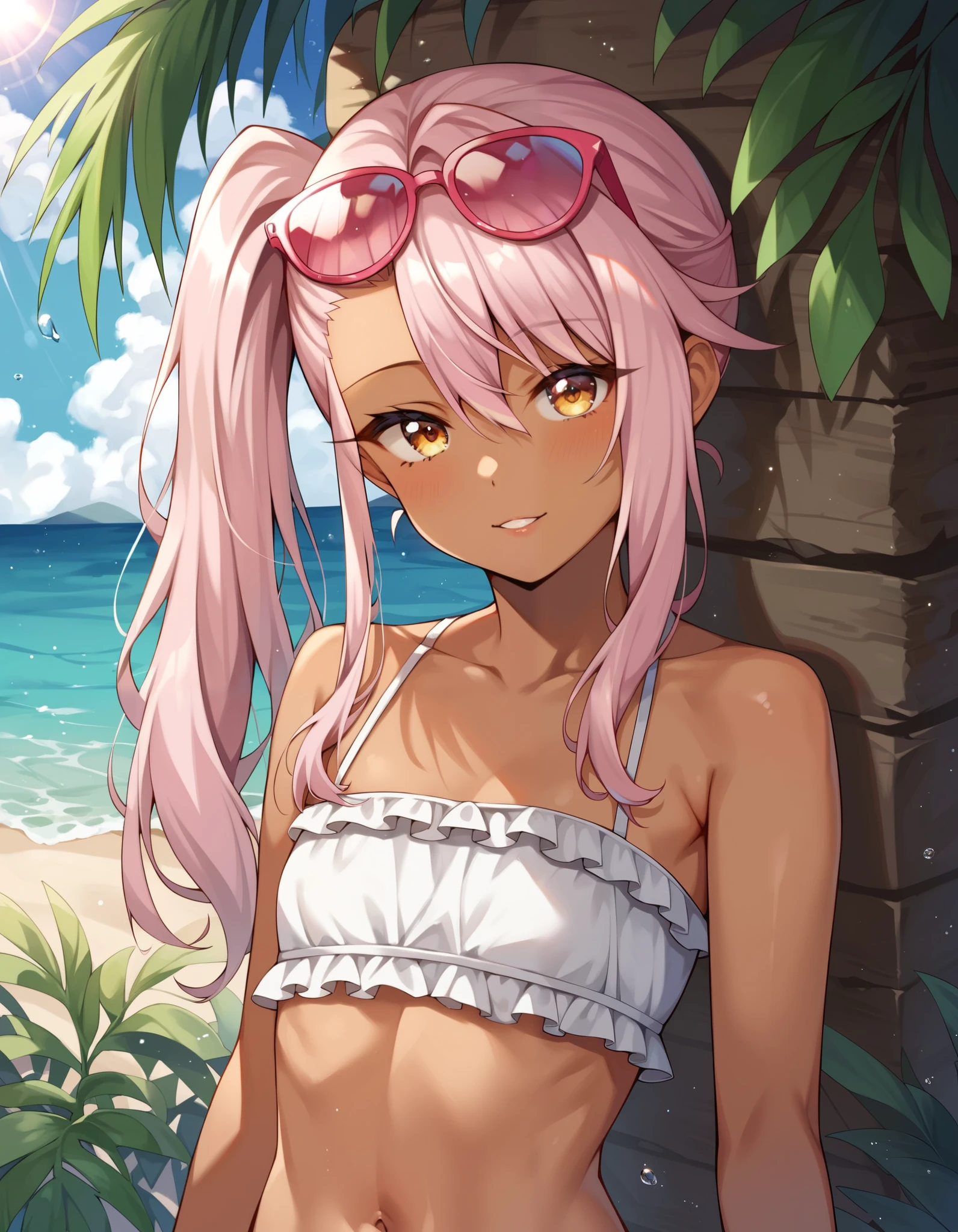 score_9, score_8_up, score_7_up, source_anime, Chloe_Von_Einzbern, 1girl, solo, yellow eyes, pink hair, long hair, hair between eyes, side ponytail, flat chest, dark-skinned female, upper body, looking at viewer, pink eyewear on head, beach, frilled bikini, navel, half closed eyes, head tilt, sunrays,