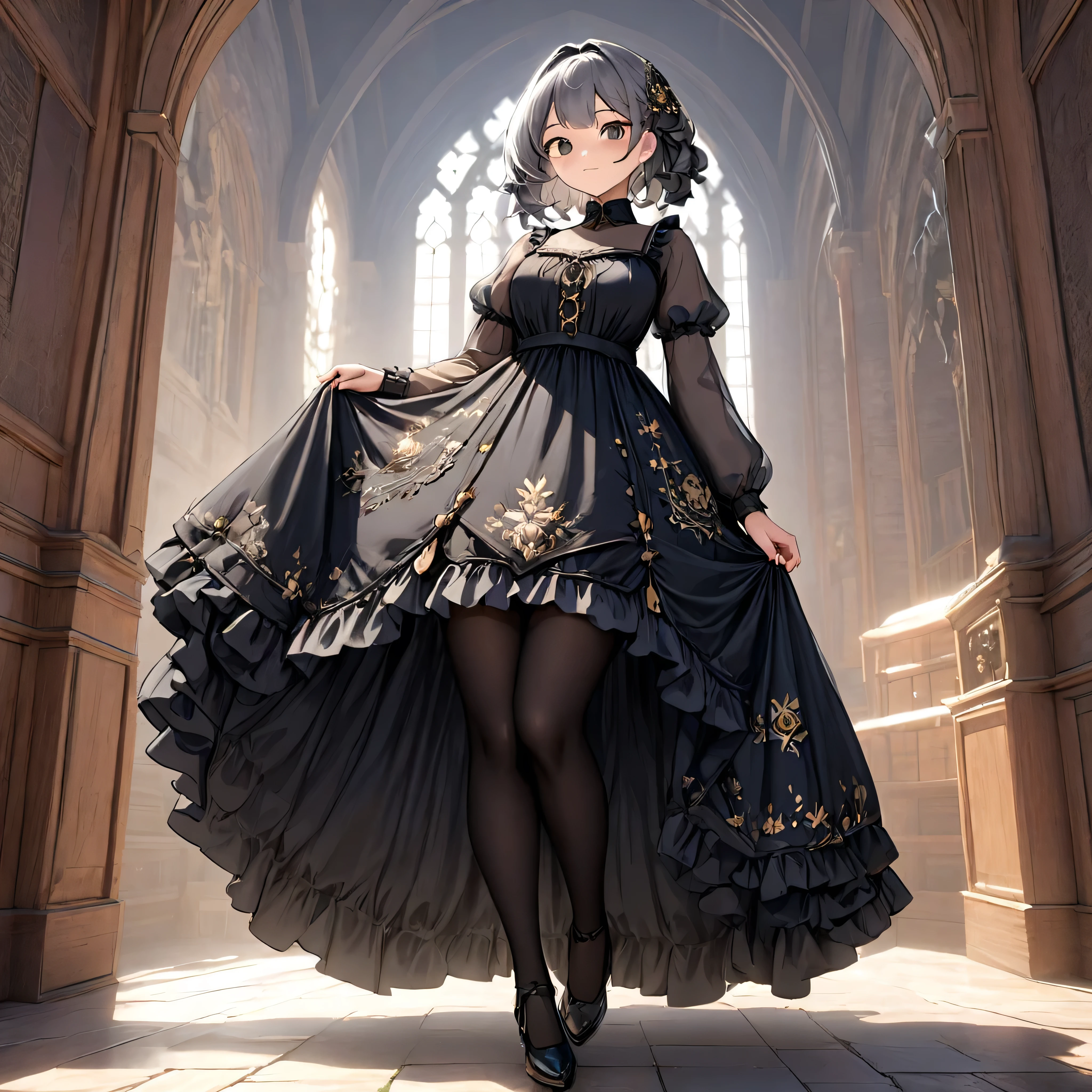 (  highly detailed CG octane rendering 8k wallpaper with a long spear ),  Girls Underwear ,   You can see real bloomers made of cotton fabric.., Medieval black crystal clear long dress 、With panniers, Fabric Realism,  low angle,   pull up the dress with your hands , Strong winds,  Clear Slips,  Clear Slips, tights,  best quality, whole body,   I can see your thighs, Silver and gold embroidery