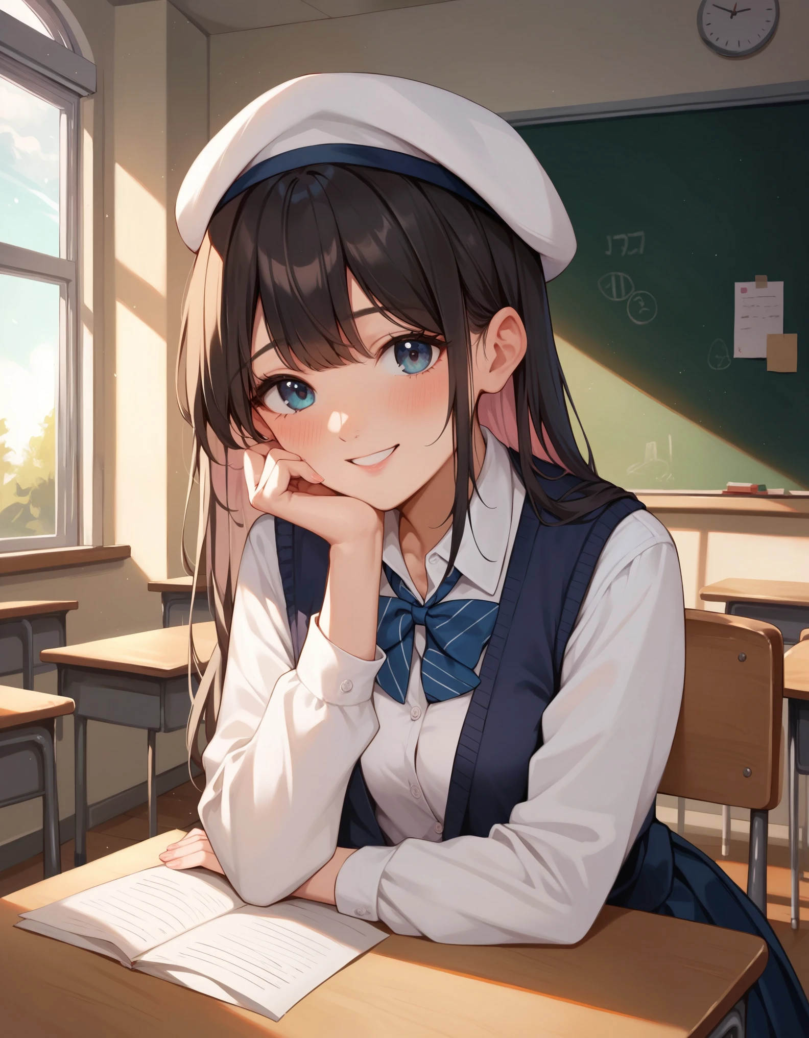 score_9, score_8_up, score_7_up, Puffi, looking at viewer, shy, upper body, smile, white school uniform, v-arms, classroom, masterpiece, absurdres, high quality, highres, white beret, 1girl, solo, blush, sitting,