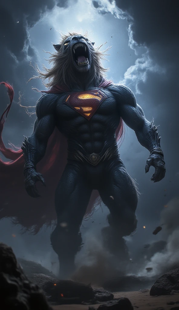 A colossal hybrid creature combining the strength of a bodybuilder with the heroic essence of Superman. Its muscular physique is clad in a sleek blue costume, complete with a glowing 'S' emblem on its chest. The creature's lion-like head, crowned with a wild, flowing mane, is tilted back as it roars ferociously, its expression filled with raw emotion and fury. The camera angle is slightly from the front and to the side, enhancing the imposing presence of the creature. Suspended mid-air in a commanding, upright position, it exudes an aura of unstoppable power and rage. A vibrant red cape flows ominously behind it, whipping in the wind. The scene unfolds under a dark, stormy night sky, with a faint, eerie glow from a partially obscured moon. The desert is shrouded in shadows, and swirling sand mingles with floating debris, amplifying the intensity and foreboding atmosphere of this epic moment.