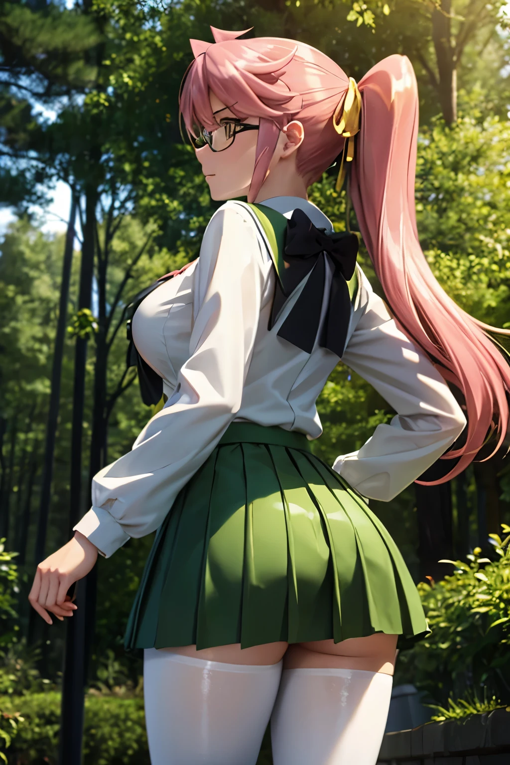 (jambes grasses), ((forest by night)), (large breast), ((perfect hands)), ((glossy pantyhose)), (finely detailed eyes and detailed face:1.3), (extremely fine and beautiful:1.1), (Perfect details:1.1), Saya Takagi, High school of the dead, ((glossy pantyhose)), sexy legs, (view from below), (view from behind), long hair, ribbon, twintails, (gold:1.3), hair ribbon, pink hair, glasses, skirt, school uniform, serafuku, zettai ryouiki, green skirt, bowtie, long sleeves, black bowtie,