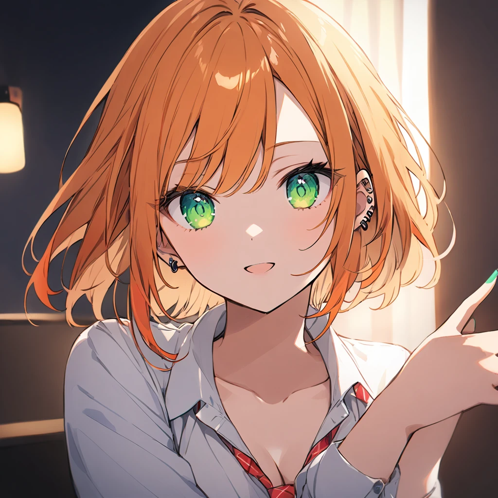 girlknaco, short hair, two-tone hair, orange hair, gyaru, ear piercing, green eyes, masterpiece, perfect hands, perfect lighting, extremaly detailed eyes
