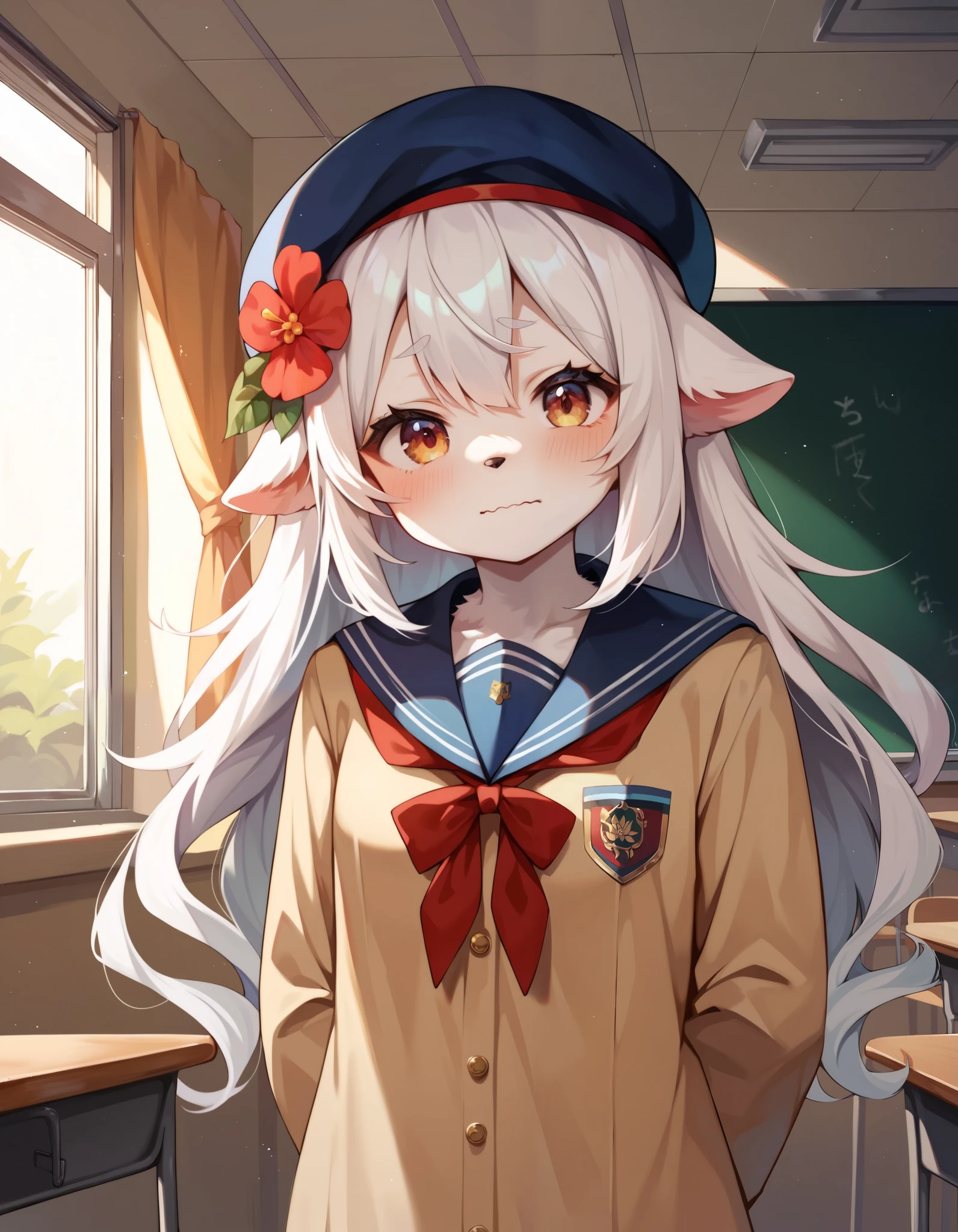 score_9, score_8_up, score_7_up, Faputa, Dark skin, White fur, looking at viewer, masterpiece, absurdres, high quality, highres, school uniform, beret, upper body, classroom, shy, looking down, wavy mouth, hair flower, arms behind back, standing,