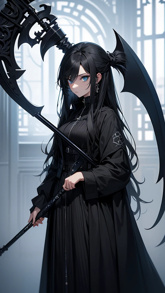 I want to make a female character dressed in black, It has a dark tone and ,  holds a scythe with the EM initials engraved on it on his right hand.