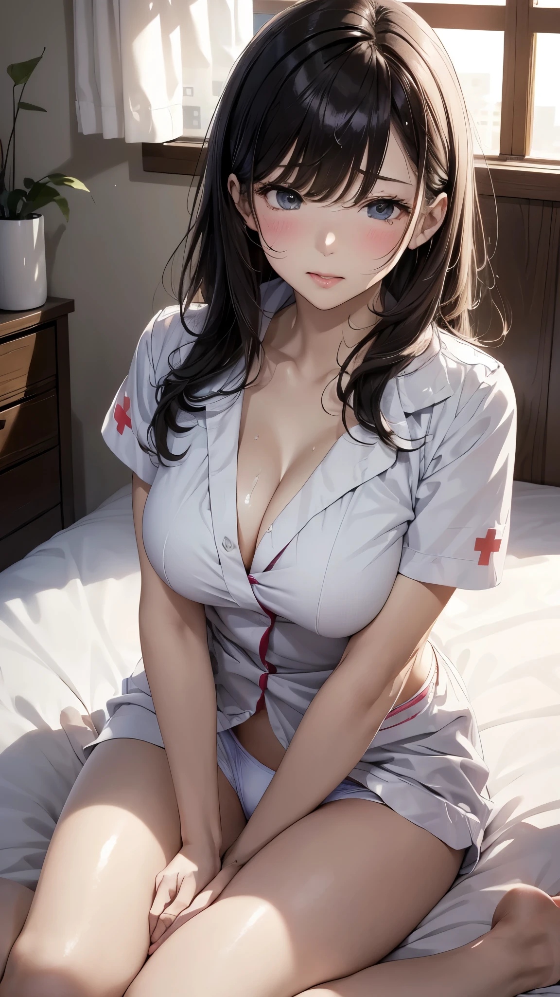 top-quality、Full limbs、(photorealistic:1.2)、complete fingers、1 beautiful woman、beautiful detailed eyes、super detailed skin、sweat、oil、Slender beauty、straight haired、blown hair、french braid、blunt bangs、head tilt、((white Nurse bikini、covered erectile nipples、very skinny))、cleavage、white nurse hat、White pantyhose、hospitals、Hospital Room、on Patient bed、(stethoscope)、((((vulgarity))))、spoken heart、（light dark skin：1.6）、