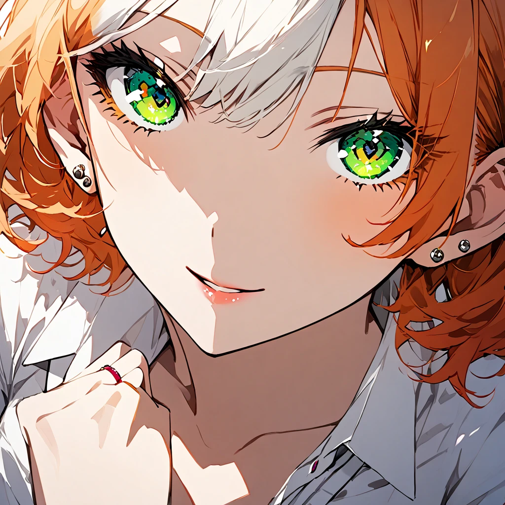 girlknaco, short hair, two-tone hair, orange hair, gyaru, ear piercing, green eyes, masterpiece, perfect hands, perfect lighting, extremaly detailed eyes
