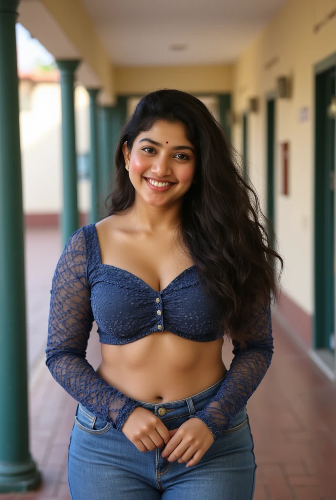 HD wallpaper 32k cinematic shoot of a Beautiful cute Rashmika Mandanna, with thick thighs and a curvy waist, twin braids,  wearing an Indian blouse top, horny, seductively, in a school corridor, dotted blouse top, smiling, ((long curvy waist)), ((lowwaist)), ((curvy waist))