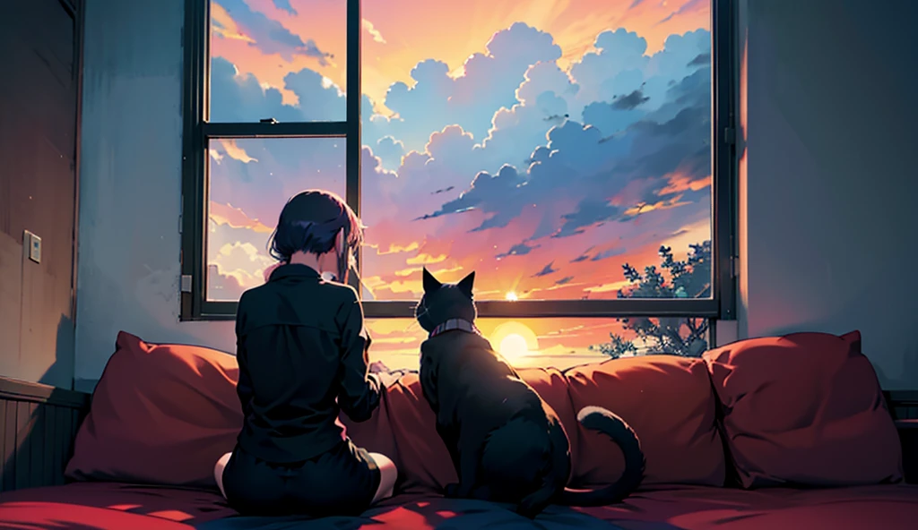 Back view of a black cat and a woman looking out the window, Anime girl sitting on a couch looking out a window at a cat,  Lo-Fi portrait by the window , Gazing at the Sunset. Anime, by alena aenami, Lofi Art, inspired by alena aenami, Cozy Wallpaper,  inspired by Cyril Rolando , Lofi Artstyle, Anime art wallpaper 8k, Anime art wallpaper 窓の外は都市の夕暮れ,　Super elaborate legs,
