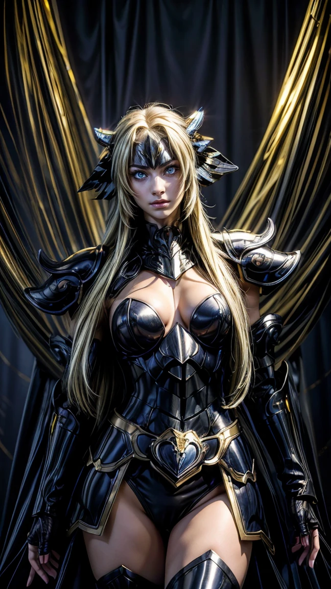 fairy knight gawain (fate), BarghestStage3, 1girl, blonde hair, heterochromia, chain, red eyes, long hair, pauldrons, large breasts, shoulder armor, green eyes, horns, armor, solo, looking at viewer, black sclera, bangs, cleavage, letterboxed, colored sclera, gauntlets, blood, leotard< ,<lora:Barghest:1>,