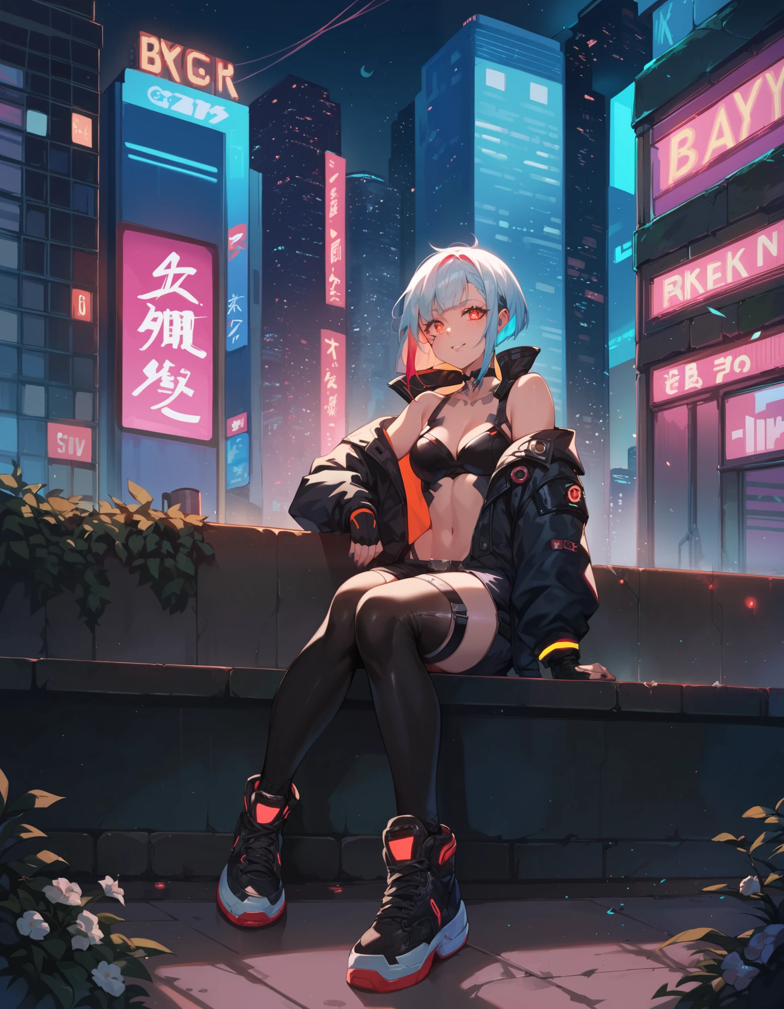 score_9, score_8_up, score_7_up, BREAK, 1girl, cyberpunk, city, night, neon lights, multicolored hair, red eyes, glowing eyes, sitting, outside, buildings