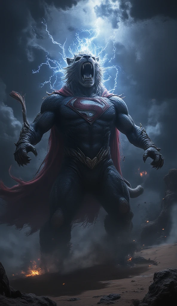 A colossal hybrid creature combining the strength of a bodybuilder with the heroic essence of Superman. Its muscular physique is clad in a sleek blue costume, complete with a glowing 'S' emblem on its chest. The creature's lion-like head, crowned with a wild, flowing mane, is tilted back as it roars ferociously, its expression filled with raw emotion and fury. The camera angle is slightly from the front and to the side, enhancing the imposing presence of the creature. Suspended mid-air in a commanding, upright position, it exudes an aura of unstoppable power and rage. A vibrant red cape flows ominously behind it, whipping in the wind. The scene unfolds under a dark, stormy night sky, with intense bolts of lightning flashing across the clouds, casting dramatic shadows. The desert below is shrouded in darkness, with swirling sand and floating debris intensifying the powerful atmosphere of this epic, electrifying moment.