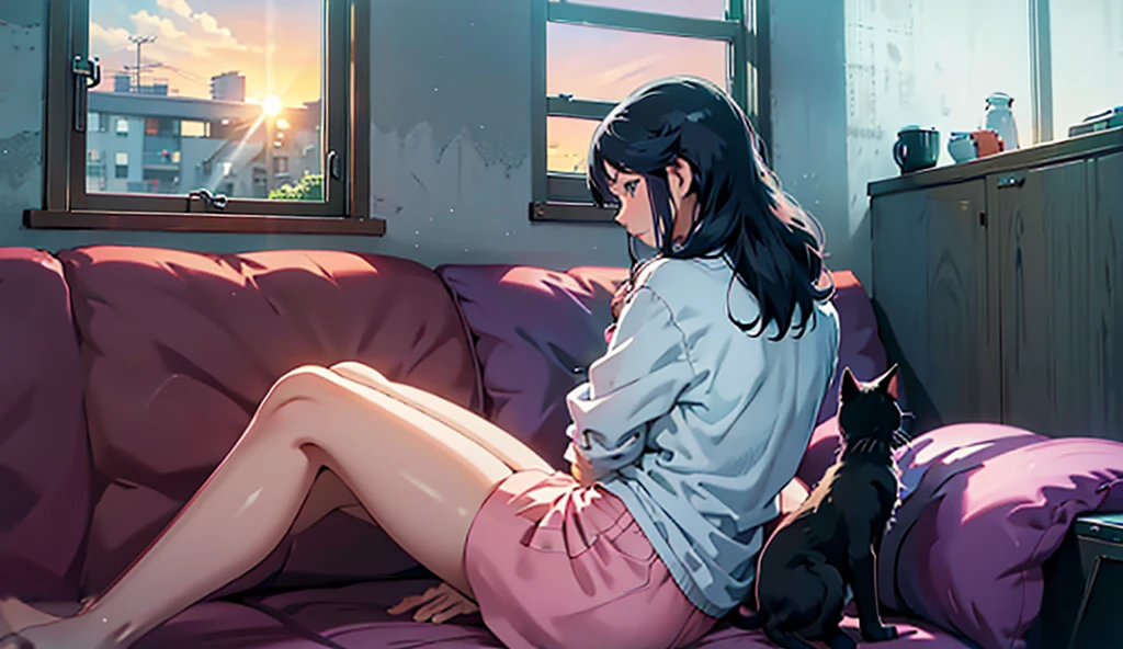 Back view of a black kitten and a woman looking out the window, Anime girl sitting on a couch looking out a window at a cat,  Lo-Fi portrait by the window , Gazing at the Sunset. Anime, by alena aenami, Lofi Art, inspired by alena aenami, Cozy Wallpaper,  inspired by Cyril Rolando , Lofi Artstyle, Anime art wallpaper 8k, Anime art wallpaper 窓の外は都市の夕暮れ,　Super elaborate legs,
