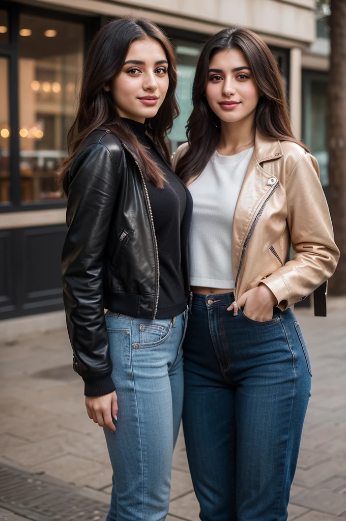 A young Armenian woman and a young Azeri woman, standing together, wearing urban comfy outfits with leather jackets and leather backpacks, genuine smiles, posing for camera, warm friendship, detailed faces, beautiful eyes, detailed lips, photorealistic, high quality, masterpiece, 8k, ultra-detailed, realistic, vivid colors, natural lighting, street fashion, lifestyle, portrait