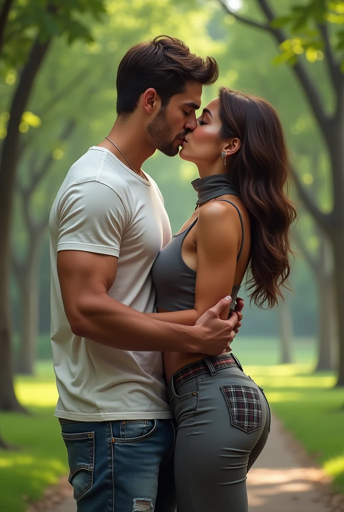 25-year-old Brazilian man, light tan. Bblack hair, smooth and short. Bangs and a black shirt. Hugging a light brown-haired girl, wide hips and sensual body, longye hair, smooth and dark brown. The boy is much taller than the girl. in love, Forest Park. late afternoon. The couple has their backs to the photo and is admiring the landscape.