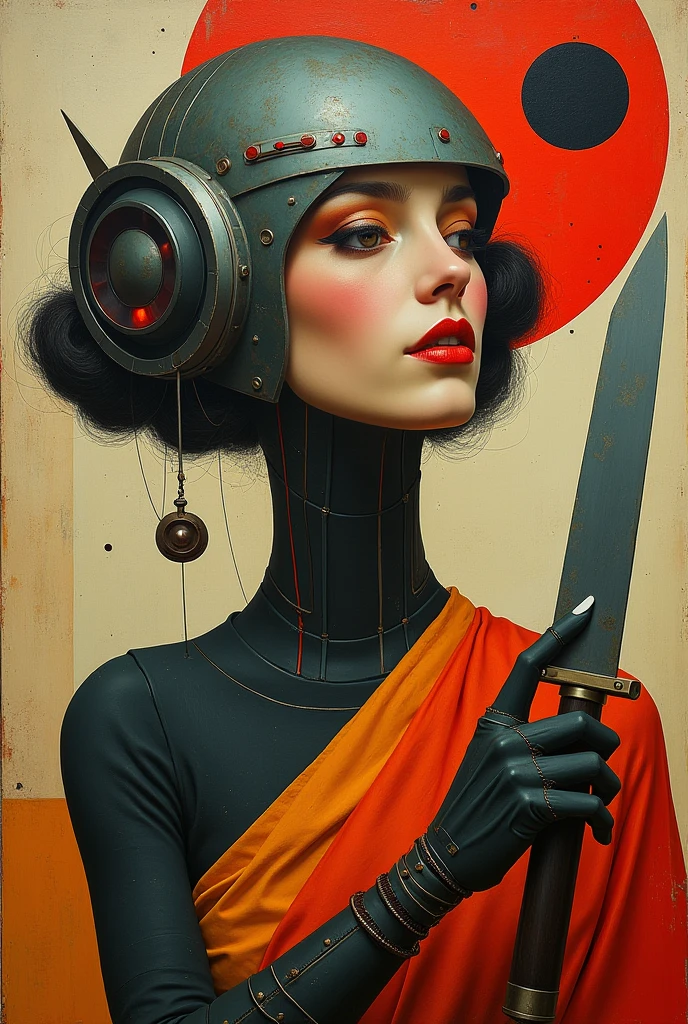  Closeup of a painting of a woman holding a knife , Portrait of a Robot  shaman,  Star Wars Art Deco ,  Robot Punk Futurist Geometry , Portrait of a Robot , Hannah Hoch,  Art Deco Shaman , Futuristic Cubism , , inspired by Edo Murtić