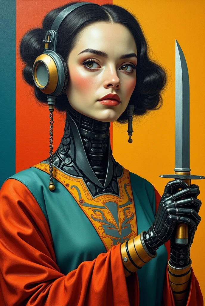  Closeup of a painting of a woman holding a knife , Portrait of a Robot  shaman,  Star Wars Art Deco ,  Robot Punk Futurist Geometry , Portrait of a Robot , Hannah Hoch,  Art Deco Shaman , Futuristic Cubism , , inspired by Edo Murtić