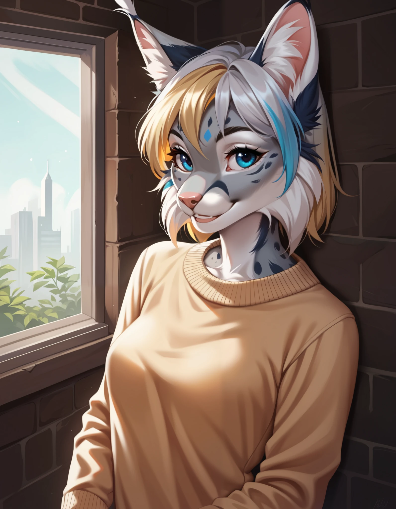 score_9,score_8_up,score_7_up,source_anime, 1girl, solo, digital_media_(artwork) hi_res,, beautiful, anthro, furry, female, furry female, detailed textured fur, fur tufts, lynx, slim, slender, small breasts, cute, sweater, denim jeans, multicolor hair, streaked hair, red blue blonde silver hair, blonde fur, beautiful blue eyes, smile, solo,