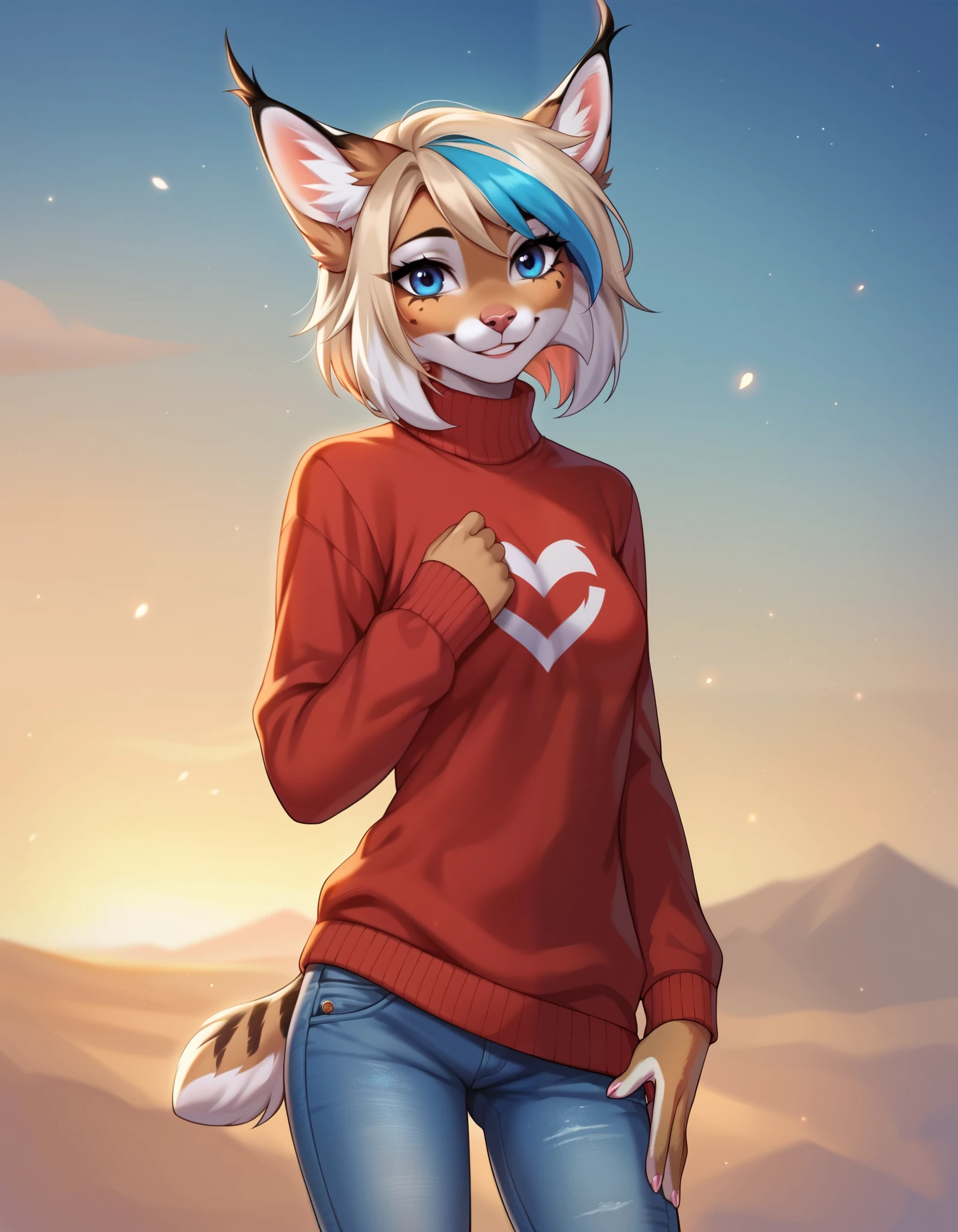 score_9,score_8_up,score_7_up,source_anime, 1girl, solo, digital_media_(artwork) hi_res,, beautiful, anthro, furry, female, furry female, detailed textured fur, fur tufts, lynx, slim, slender, small breasts, cute, sweater, denim jeans, multicolor hair, streaked hair, red blue blonde silver hair, blonde fur, beautiful blue eyes, smile, solo,