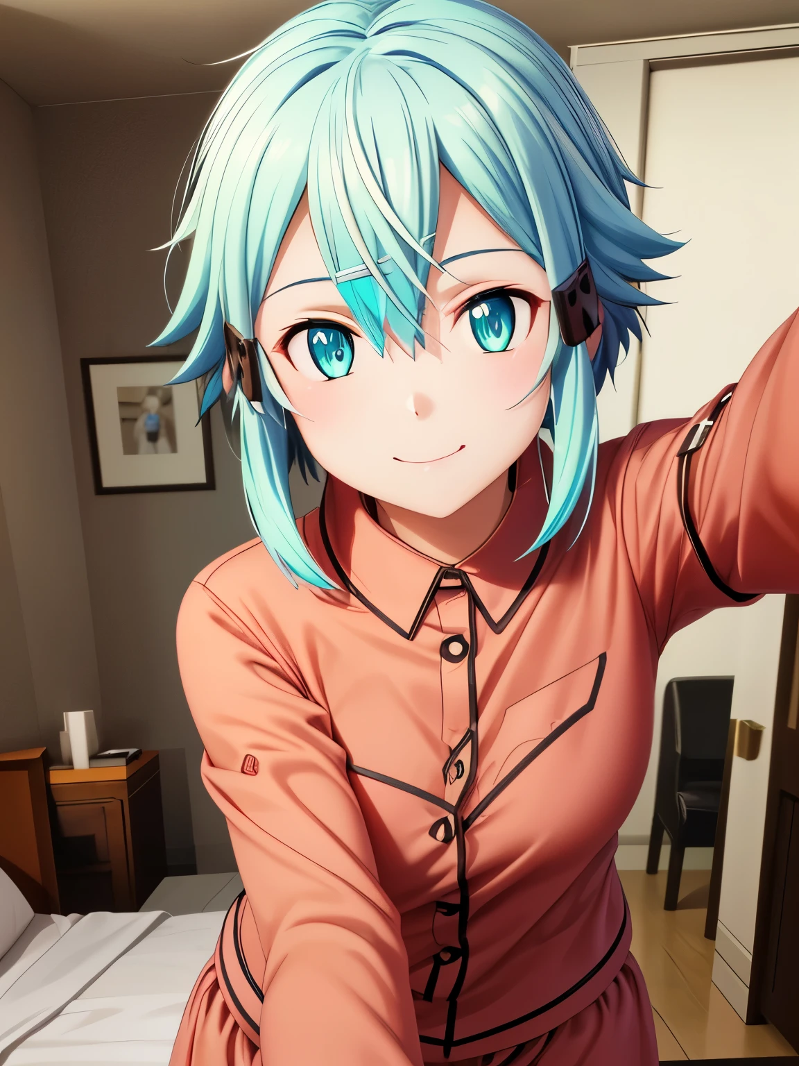  high definition 、 best quality、 super quality、Chinon、3D Images、smile、 one girl who is at ease、solo、 shot from the front、Light green hair、 short hair 、Attractive light blue eyes、 bob cut from the front、 very detailed CGユニティ8k壁紙、[3D Images:1.1]、 charming eyes、 [ detailed eyes on board、 colorful eyes、Shining Eyes:1.5]]、 super detailed、Detailed front view of fingers 、 cinematic lighting 、Chinon、bedroom、bet、Red pajamas、 in pink pajamas、 closed mouth、smile、  very detailed face in light blue underwear、  very detailed CG、 cowboy shot、Selfie style