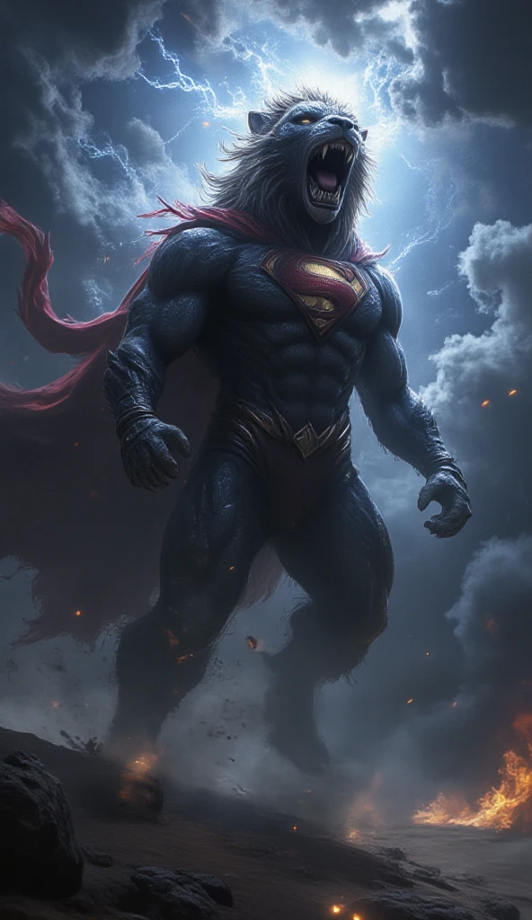 A colossal hybrid creature combining the strength of a bodybuilder with the heroic essence of Superman. Its muscular physique is clad in a sleek blue costume, complete with a glowing 'S' emblem on its chest. The creature's lion-like head, crowned with a wild, flowing mane, is tilted back as it roars ferociously, its expression filled with raw emotion and fury. The camera angle is slightly from the front and to the side, enhancing the imposing presence of the creature. Suspended mid-air in a commanding, upright position, it exudes an aura of unstoppable power and rage. A vibrant red cape flows ominously behind it, whipping in the wind. The scene unfolds under a dark, stormy night sky, with intense bolts of lightning flashing across the clouds, casting dramatic shadows. The desert below is shrouded in darkness, with swirling sand and floating debris intensifying the powerful atmosphere of this epic, electrifying moment.