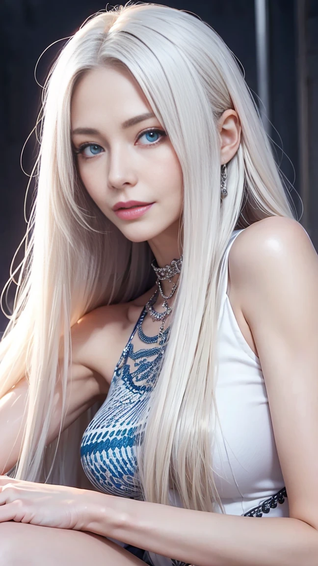 22 year old white female、Hair color is platinum blonde、blue eyes、long hair、straight hair、accessories on wrist、I&#39;m wearing a choker、skin is smooth、smile、Slender but muscular body、My heart is pounding、smile、wearing a plunging neck dress、wearing red high heels、I&#39;m sitting in the middle of the stone steps in the old town.