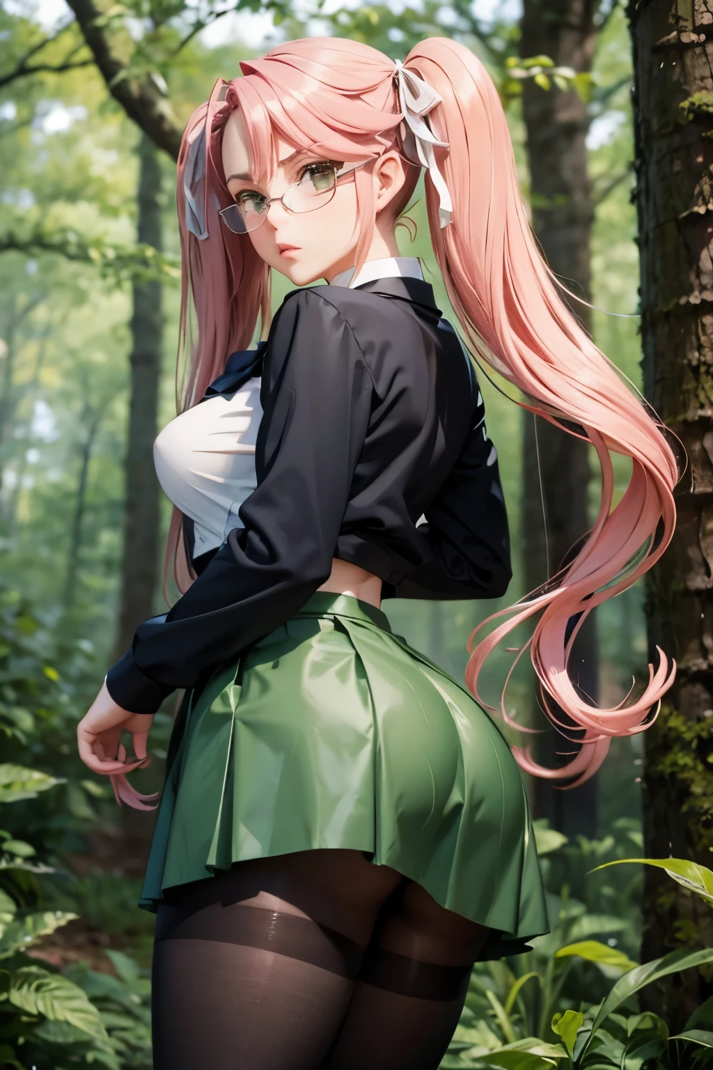 (jambes grasses), ((forest by night)), (large breast), ((perfect hands)), ((glossy pantyhose)), (finely detailed eyes and detailed face:1.3), (extremely fine and beautiful:1.1), (Perfect details:1.1), Saya Takagi, High school of the dead, ((glossy pantyhose)), sexy legs, (view from below), (view from behind), long hair, ribbon, twintails, (gold:1.3), hair ribbon, pink hair, glasses, skirt, school uniform, serafuku, zettai ryouiki, green skirt, bowtie, long sleeves, black bowtie,