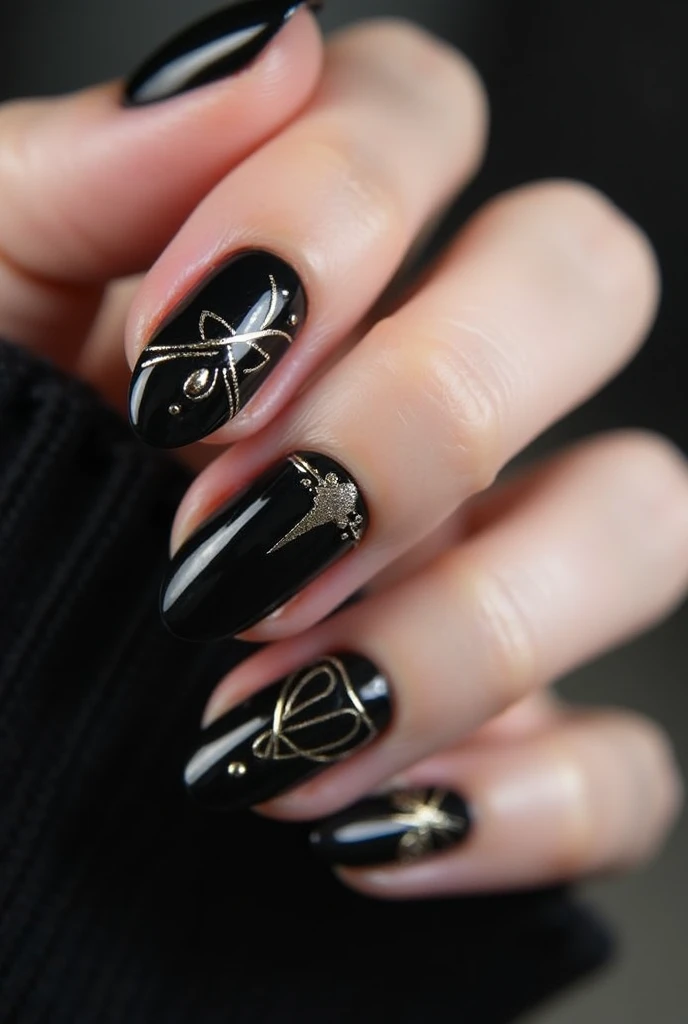 Create a picture with nails done with The Name Nail Designer in black and gold 