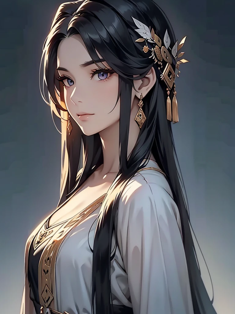 Ink painting style，Ancient beauty has a beautiful face，Long hair，The whole painting is a close-up high-definition photo of the upper body of the person，Solid color background，Clean background