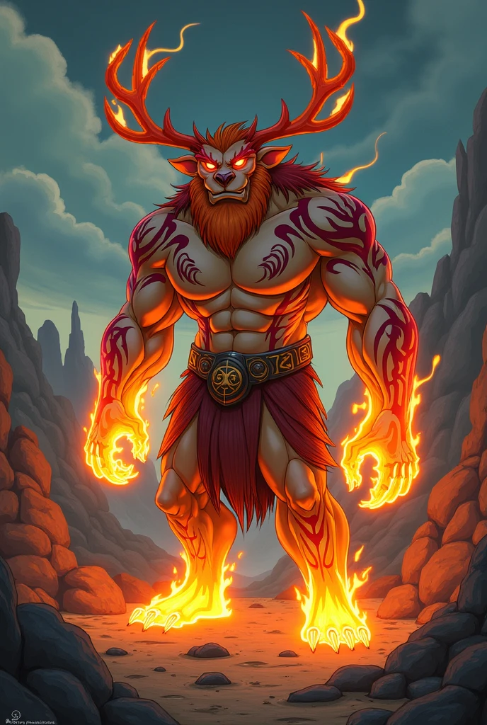 Stag, long horns, brown gorn with red eyes, scary, god of stags, distant view, lightning, god of gods, very long beards of stag --auto